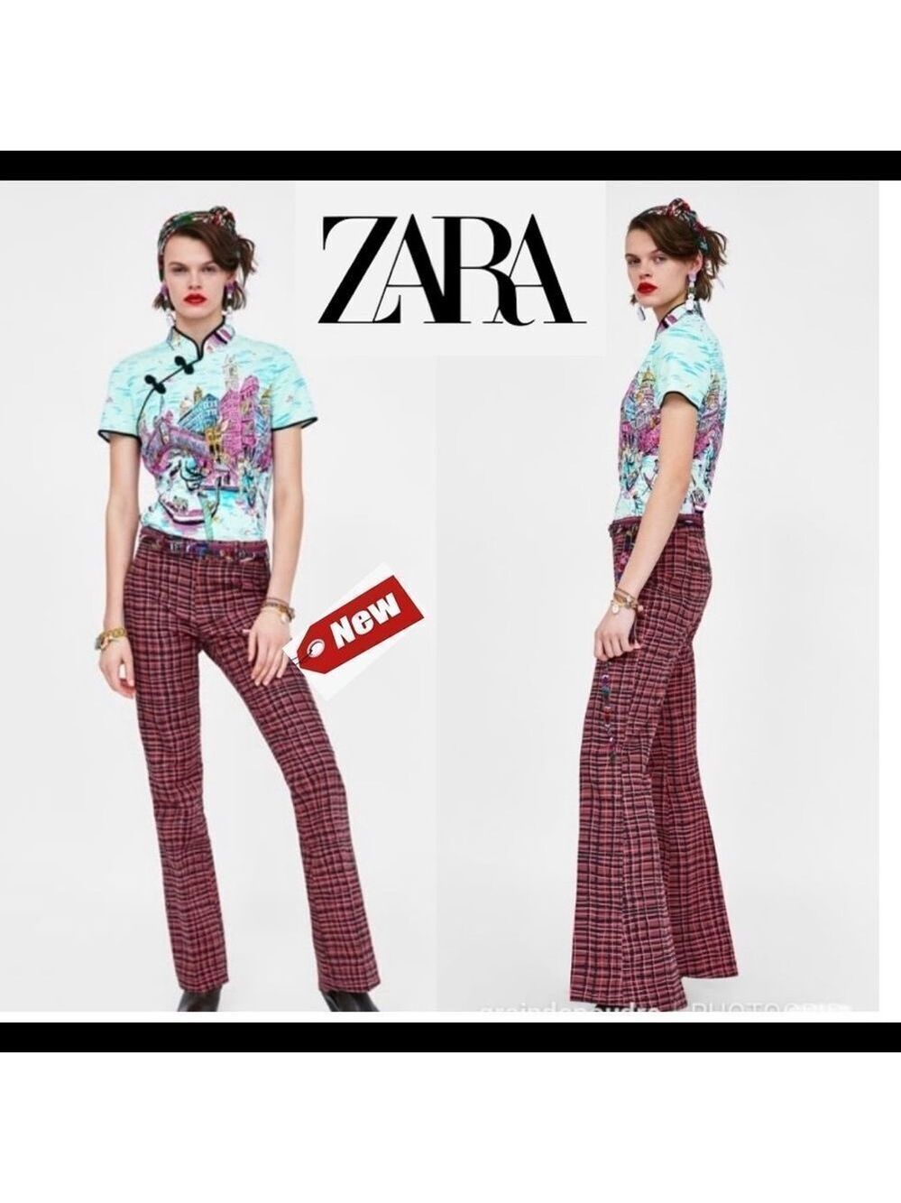 RARE ZARA studio pink checkered plaid retro bell bottom flared pants Sz S NWT